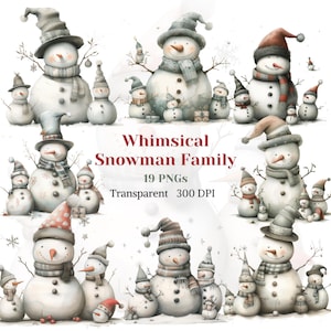 Imágenes prediseñadas de familia de muñecos de nieve caprichosos, muñeco de nieve gris acuarela PNG, gráfico de invierno de Noel, imagen festiva navideña, sombrero festivo, descarga digital