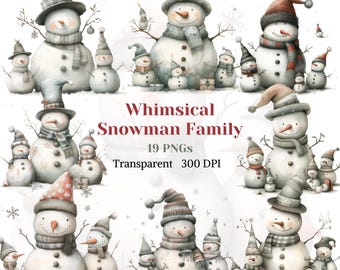 May include: A set of 19 whimsical snowman family illustrations in PNG format. The snowmen are depicted in various poses and sizes, with some wearing hats, scarves, and other winter accessories. The illustrations are perfect for adding a festive touch to your holiday projects.