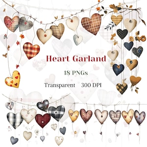Könnte beinhalten: Digitales Bild einer Herzgirlande mit verschiedenen Mustern und Texturen. Die Herzen sind in Rot-, Braun-, Schwarz- und Weißtönen gehalten, mit Karomustern, Blumenmustern und Patchwork-Designs. Der Text "Heart Garland" und weitere Details sind ebenfalls enthalten.