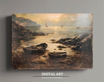 Printable Rocky Beach with boats Drawing Vintage Seascape Oil Painting Ocean Wave Wall Art Sunset Sunrise Bay Image Sailing Digital Download