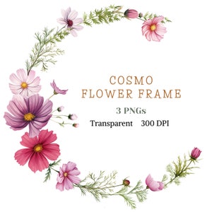 Cosmo Flower Frame Clipart, Aquarelle Wild Flower Wreath Graphic, Cosmo Floral Premade Garland PNG pour carte de mariage, Téléchargement numérique rose