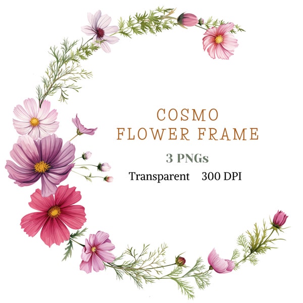 Cosmo Flower Frame Clipart Delicate Wild Flower Wreath Graphic Pretty Watercolor Floral Drawing Premade Garland PNG Spring Arrangement Art