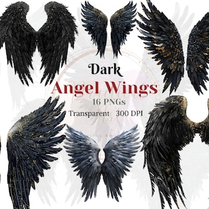 Ailes d'ange sombres, clipart, aquarelle, ailes gothiques maléfiques, PNG, plumes noires, graphiques, ailes de démon scintillantes, illustration, téléchargement numérique hanté