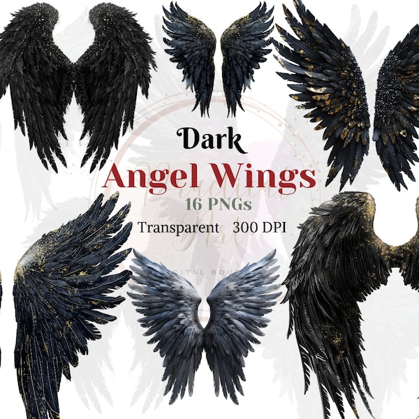 Dark Angel Wings ClipArt Transparent Watercolor PNG Black Feather Graphic Glittery Illustration Heavenly Demon Evil Drawing Gothic Haunting