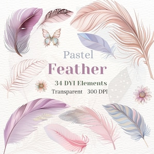 Clipart de penas pastel, PNGs de elementos de penas boêmios, Imagem de penas rosa azul DIY, Gráfico de artesanato de asas adoráveis, Arranjo de guirlanda de moldura