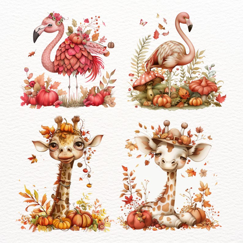 Pu&ograve; includere: Un'illustrazione digitale di quattro personaggi a tema autunnale. Un fenicottero rosa con una corona di fiori si trova in un campo di foglie autunnali e zucche. Una giraffa con una corona di fiori e un cappello di paglia si trova in un campo di foglie autunnali e zucche. Una giraffa con una corona di fiori e un cappello di paglia si trova in un campo di foglie autunnali e zucche. Un fenicottero rosa con una corona di fiori si trova in un campo di foglie autunnali e zucche.