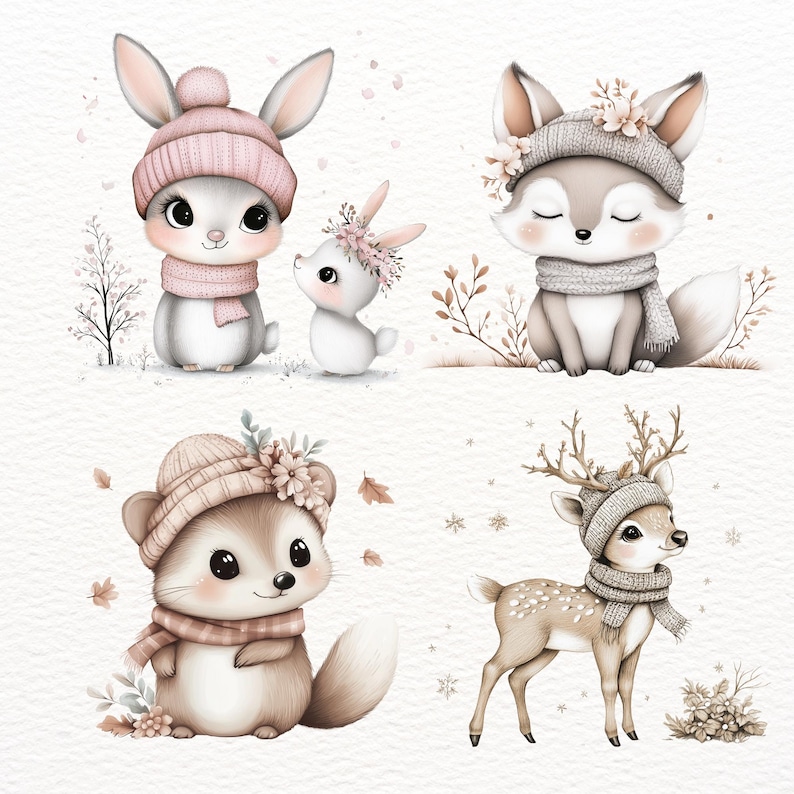 Winter Forest Animals Clipart, Watercolor Cute Adorable Animal PNG ...