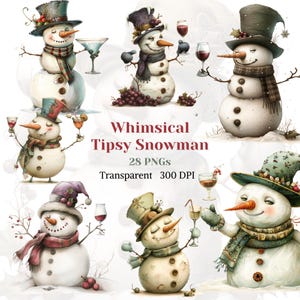Puede incluir: Conjunto de clipart digital de 28 PNG de « Hombre de nieve ebrio caprichoso ». El conjunto presenta ilustraciones de hombres de nieve en varias poses, con sombreros y bufandas, y sosteniendo vasos de vino o cócteles. Los hombres de nieve se representan en un estilo caprichoso con un ambiente festivo y divertido.