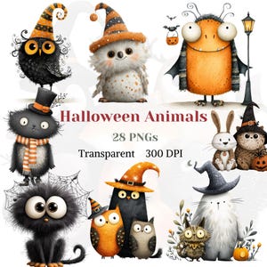 Halloween Animals Clipart, Cute Animals PNG, Whimsical Animal Graphic, Halloween Image, Junk Journal, Digital Download, Sublimation File
