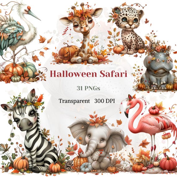 Halloween Safari Clipart, Halloween Animal PNG, Whimsical Animal Image, Halloween Graphic, Zebra Monkey Hippo, Digital Download, Sublimation