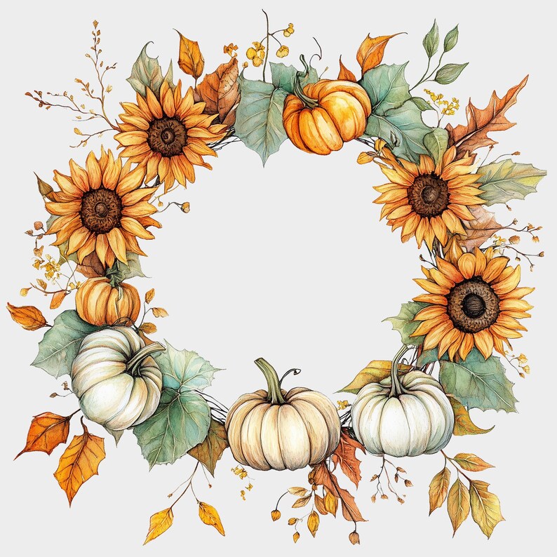 Autumn Wreath Clipart, Watercolor Halloween Pumpkin Deco PNG, Fall ...