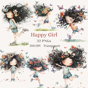 Clipart de niña feliz, acuarela, chica encantadora de cabello largo PNG, imagen de niña juguetona, gráfico de niña activa, floral, diario basura, descarga instantánea