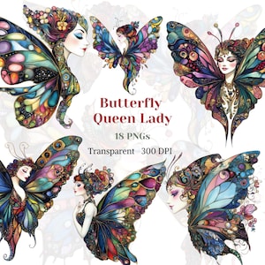 Clipart de reine des papillons, graphique de papillon fantastique, dessin de femme insecte, image d'aile de fée colorée, belle fille volante PNG, numérique