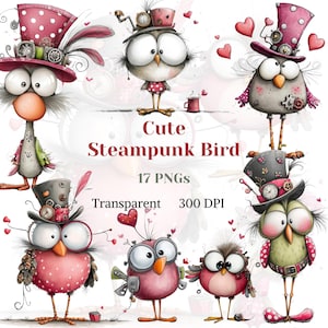 Könnte beinhalten: Eine Sammlung von Cartoon-Vögeln im Steampunk-Stil, mit Zylindern, Zahnrädern und mechanischen Details. Der Text "Cute Steampunk Bird", "17 PNGs", "Transparent" und "300 DPI" ist ebenfalls enthalten. Die Vögel sind auf weißem Hintergrund.