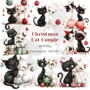 Kerst kat paar clipart aquarel transparant PNG Noel winter dier grafisch feestelijke vakantie tekening zwart witte kat afbeelding cadeau kerstbal