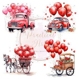 Valentijnsdag clipart bloem liefde voertuig png aquarel Valentijn hart auto afbeelding bloem roze ballon voertuig voor kaart, Instant Download