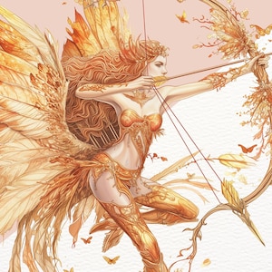 K&ouml;nnte beinhalten: Eine goldene gefl&uuml;gelte Figur mit langen, flie&szlig;enden Haaren h&auml;lt einen Bogen und einen Pfeil. Die Figur ist mit komplizierten Details verziert und vor einem hellrosa Hintergrund platziert.
