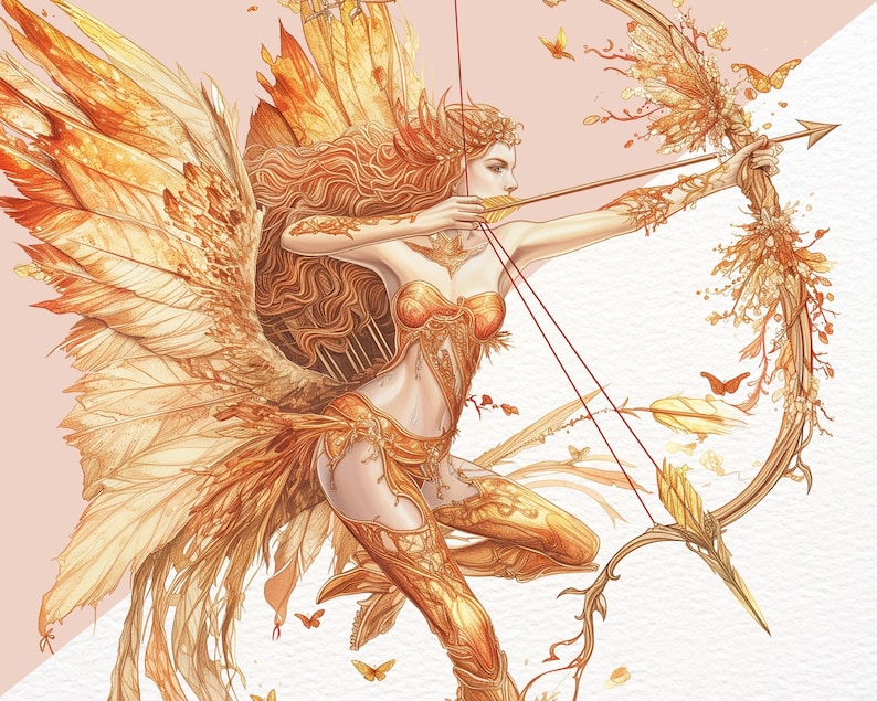 K&ouml;nnte beinhalten: Eine goldene gefl&uuml;gelte Figur mit langen, flie&szlig;enden Haaren h&auml;lt einen Bogen und einen Pfeil. Die Figur ist mit komplizierten Details verziert und vor einem hellrosa Hintergrund platziert.