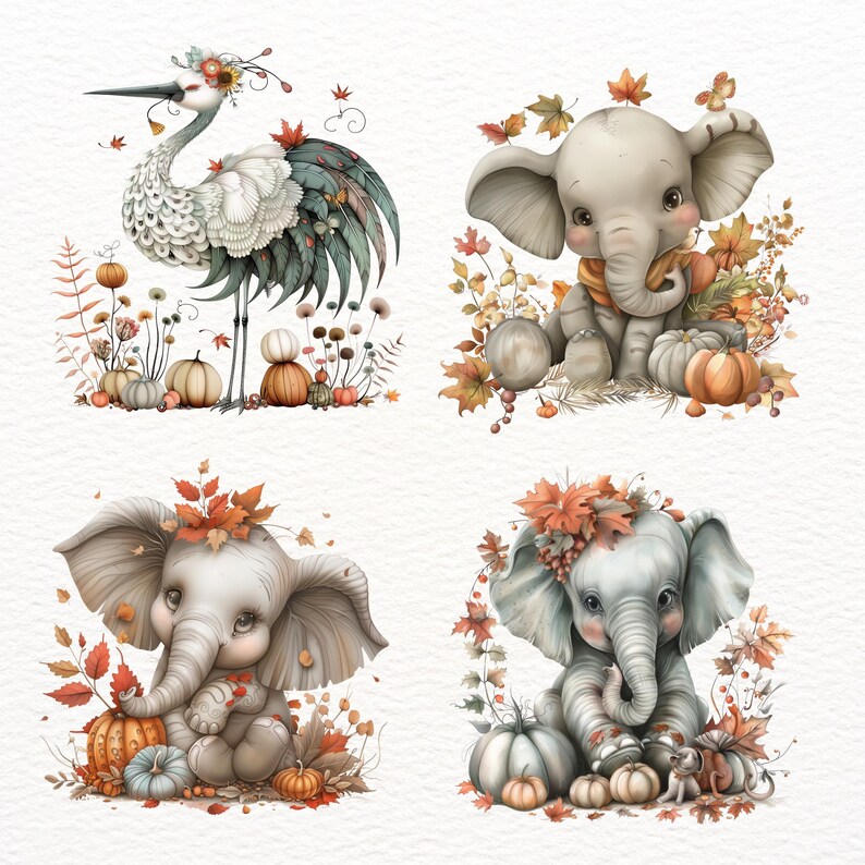 Pu&ograve; includere: Quattro illustrazioni che rappresentano una gru grigia con una corona di fiori, un elefante grigio con una corona di fiori e due elefanti grigi con corone di fiori. Le illustrazioni sono su uno sfondo bianco con elementi autunnali come foglie, zucche e ghiande.
