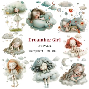 Clipart de niña soñando, niña soñando despierta PNG, imagen de niña adorable, gráfico de baby shower, dibujo de decoración de guardería, descarga digital