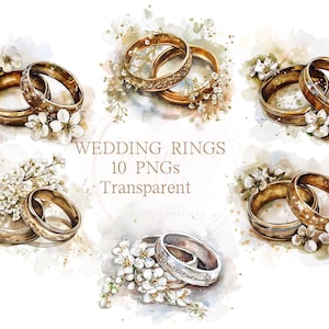 10 Wedding Ring ClipArt Transparent Watercolor PNG Marriage Bride Groom Graphic Proposal Couple Drawing Vintage Silver Gold Image Flower Art