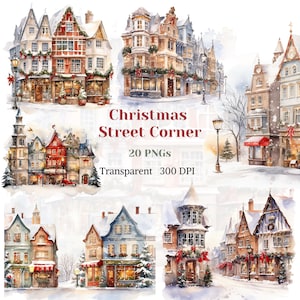 Christmas Street Corner Clipart, Noel Winter Town PNG, Snowing Romantic City Image, Watercolor Festive Holidays Graphic, Digital Download