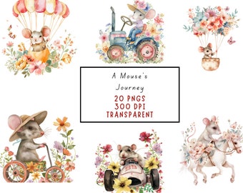 Traveling Mouse and Flower Clipart Watercolor Transparent PNG Floral Graphic Nursery Art Sublimation Design Animal Image Book Illustration