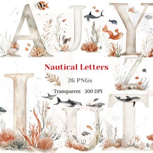 Imágenes prediseñadas del alfabeto náutico, imagen de letras del océano en acuarela, gráficos de aguas profundas, arte de cumpleaños con nombre, dibujo de peces y animales marinos, descarga digital