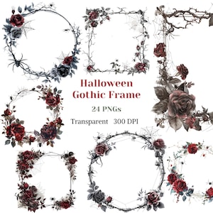 Halloween Gothic Frame Clipart Watercolor Transparent PNG Halloween Deco Graphic Fall Botanical Wreath Image Dark Rose Leaves Arrangement
