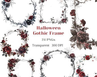 May include: Set of 24 digital Halloween gothic frames featuring black and red roses, spiderwebs, and spiders. The frames are transparent and 300 DPI.