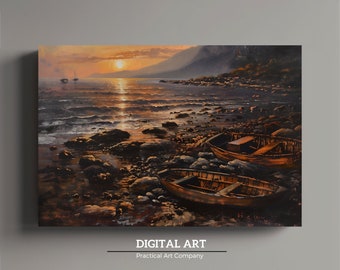 Printable Rocky Beach with boats Drawing Vintage Seascape Oil Painting Ocean Wave Wall Art Sunset Sunrise Bay Image Sailing Digital Download