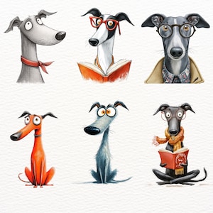 May include: A collection of six cartoon greyhounds, each with unique expressions and accessories. Some wear glasses, read books, or sport scarves. The dogs are depicted in various colors, including grey, orange, and black, against a white background.