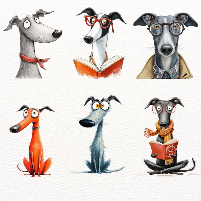 May include: A collection of six cartoon greyhounds, each with unique expressions and accessories. Some wear glasses, read books, or sport scarves. The dogs are depicted in various colors, including grey, orange, and black, against a white background.