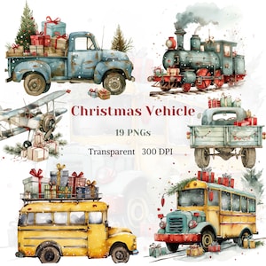 Kerst voertuig clipart aquarel transparant PNG Noel winter transport grafisch feestelijke feestdagen tekening Coming Home afbeelding vrachtwagen bus