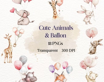 Cute Animals and Balloon Clipart Adorable Baby Birthday Image Watercolor Transparent PNG Baby Showers Graphic Nursery Decor Drawing Party