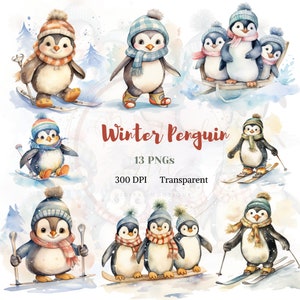 Schattige Pinguïn Clipart Aquarel PNG Wintersport Grafische Schattige IJs Kunst Skiën Sneeuw Slee Ontwerp Buiten Plezier Tekening Bonnet Sjaal