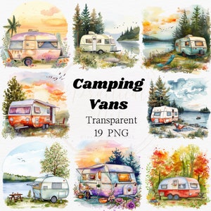 Camping Vans Clipart, Watercolor Caravan Retro PNG, Camper Life Graphic, Traveller Vintage Image, Summer Vacation Drawing, Digital Download