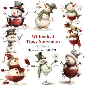 Whimsical Tipsy Snowman Clipart Acquerello PNG trasparente Noel Inverno Grafica Vacanze festive Disegno Pupazzo di neve di Natale ubriaco Postumi di una sbornia