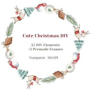Bonito Natal DIY e Moldura Clipart Aquarela Transparente PNG Elementos Festivos Noel Gráfico Férias de Inverno Imagem Arranjo de Moldura de Coroa de Flores