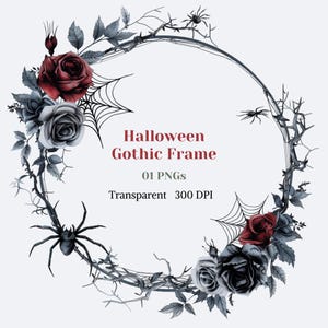 Halloween Gothic Frame Clipart Watercolor Transparent PNG Halloween Deco Graphic Fall Botanical Wreath Image Dark Rose Leaves Arrangement