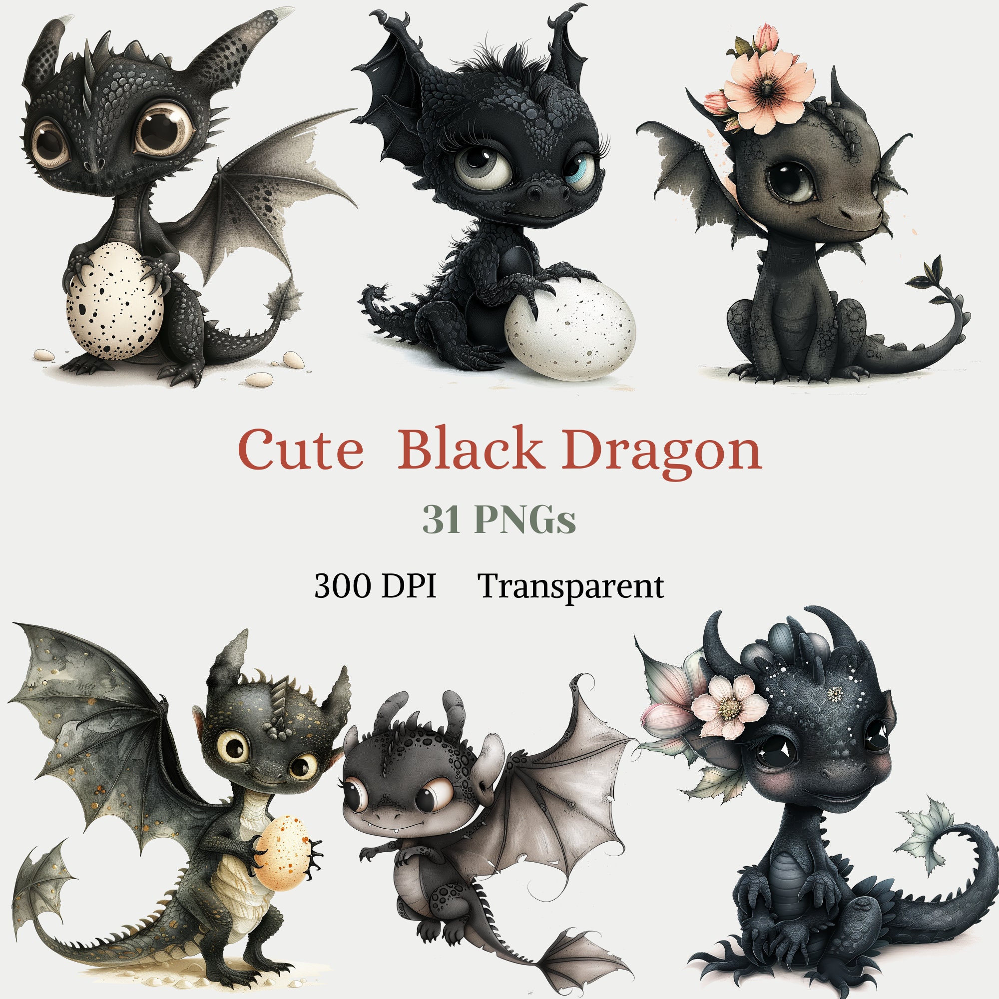 Cute Black Dragon Clipart, Watercolor Dragon PNG, Baby Shower Image, Nursery Decor Graphic, Dragon Egg Drawing, Adorable Animal Illustration