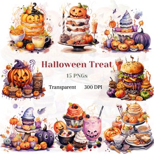 Halloween Treat Clipart Transparent Watercolor PNG Halloween Food and Drink Graphic Halloween Sweet Illustration Night Dinner Pumpkin Cake