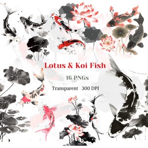 Imágenes prediseñadas de loto y pez koi, lirio de agua con tinta china PNG, gráfico de flor de loto, dibujo de jardín japonés, imagen floral, ilustración de yoga zen