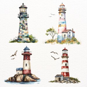 May include: Watercolor illustrations of four lighthouses. One is multi-colored, another is red and white striped, and the other two are stone-colored. Each lighthouse has a light at the top and is surrounded by grass and small buildings. Some images include seagulls.