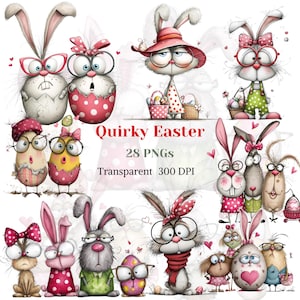 Puede incluir: Una colección de gráficos digitales con temática de Pascua. La imagen presenta conejos y personajes de huevo de dibujos animados con gafas, sombreros y lazos. El texto "Quirky Easter" se muestra con "28 PNGs" y "Transparent 300 DPI".
