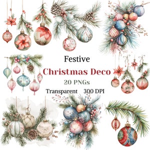 Festive Christmas Deco Clipart Watercolor Transparent PNG Noel Winter Decoration Graphic Holiday Arrangement Drawing Ornament Pine Corn Red