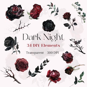 Dark Night DIY Elements Clipart Noir Rouge Velours Fleur Graphique Gothique Couronne Cadre Arrangement Aquarelle Dessin PNG Halloween Haunting