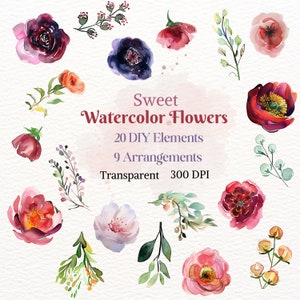 ClipArt de flores de acuarela dulce, PNG de elementos florales para hacer tú mismo, bonito dibujo de marco de flora, imagen de corona de flores, gráfico de hojas de pétalos, rosa y morado