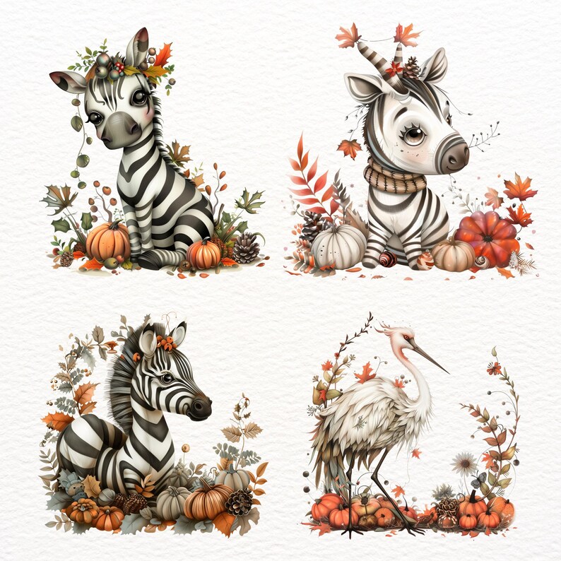 Pu&ograve; includere: Quattro illustrazioni digitali che mostrano una zebra con foglie autunnali e zucche. La prima zebra indossa una corona di fiori. La seconda zebra indossa una sciarpa. La terza zebra &egrave; una zebra baby. La quarta illustrazione presenta una gru bianca con foglie autunnali e zucche.