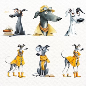May include: Whimsical illustration of six greyhound dogs, each with unique personalities. Some wear glasses, hats, and coats, while others are reading books. The dogs are depicted in a cartoon style with a light watercolor background.